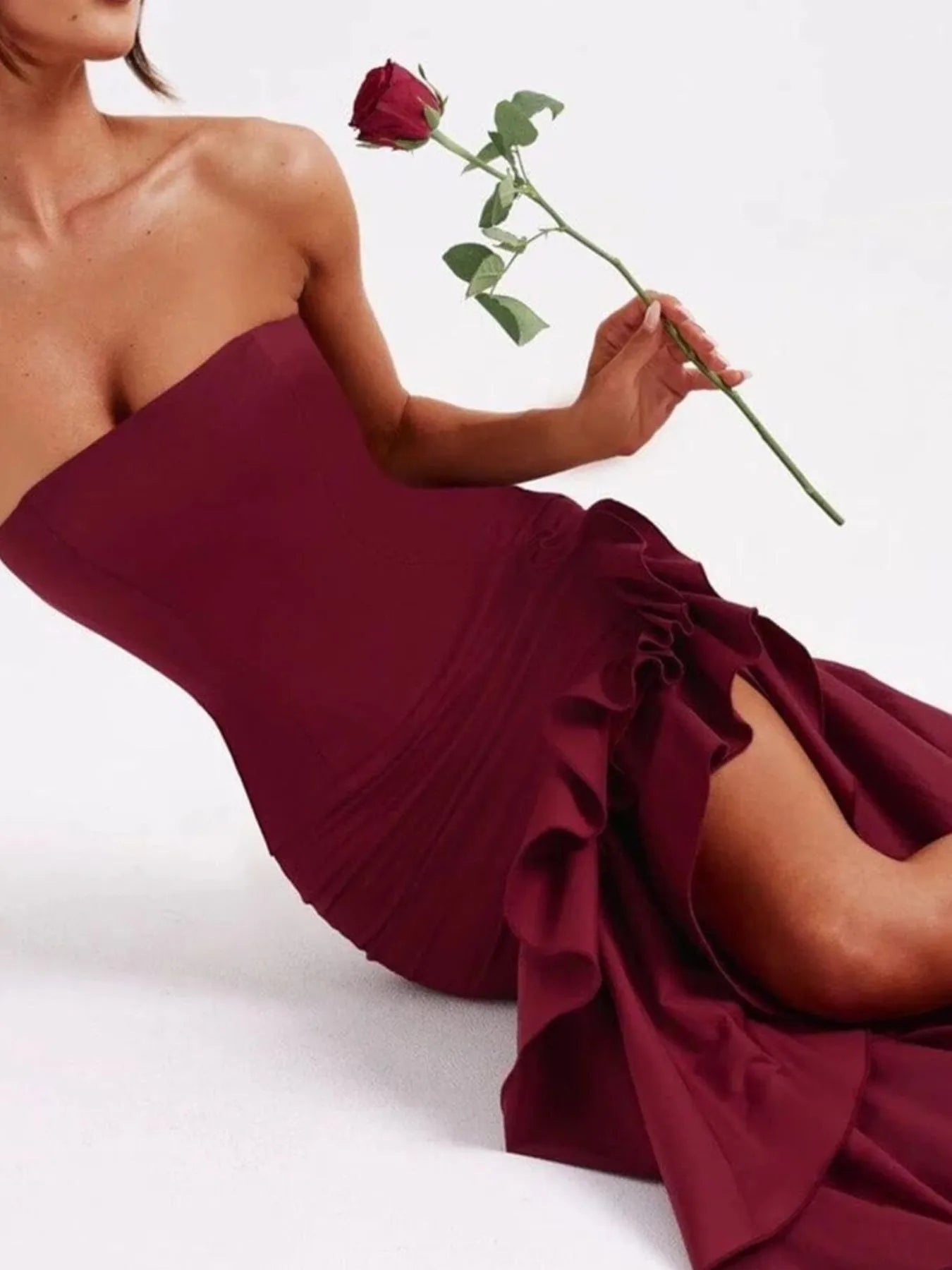 Strapless Ruffle High - Low Bodycon Dress - MAD RUFFI