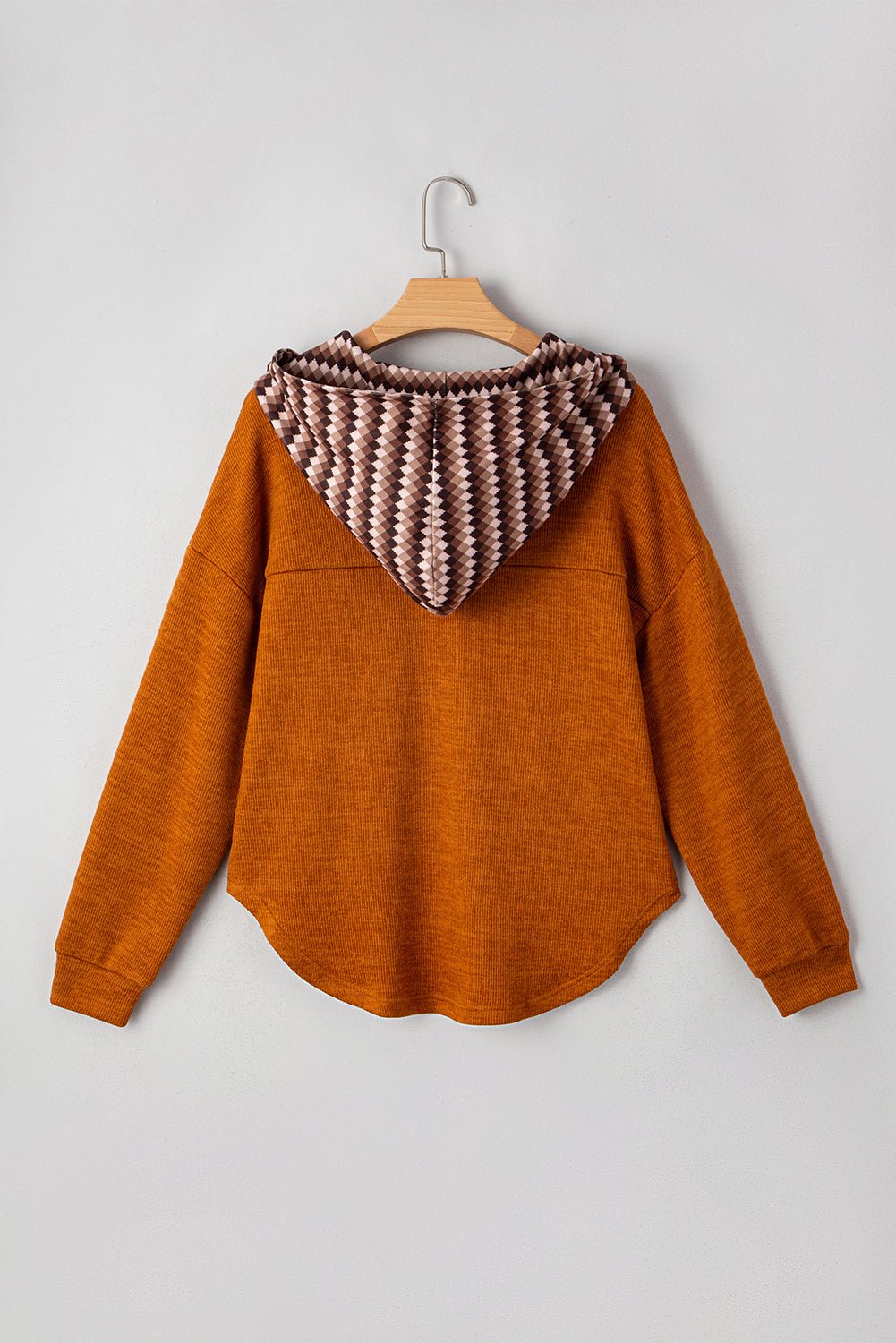 Straw Yellow Contrast Plaid Hooded Patchwork Pocket Henley Top - MAD RUFFI