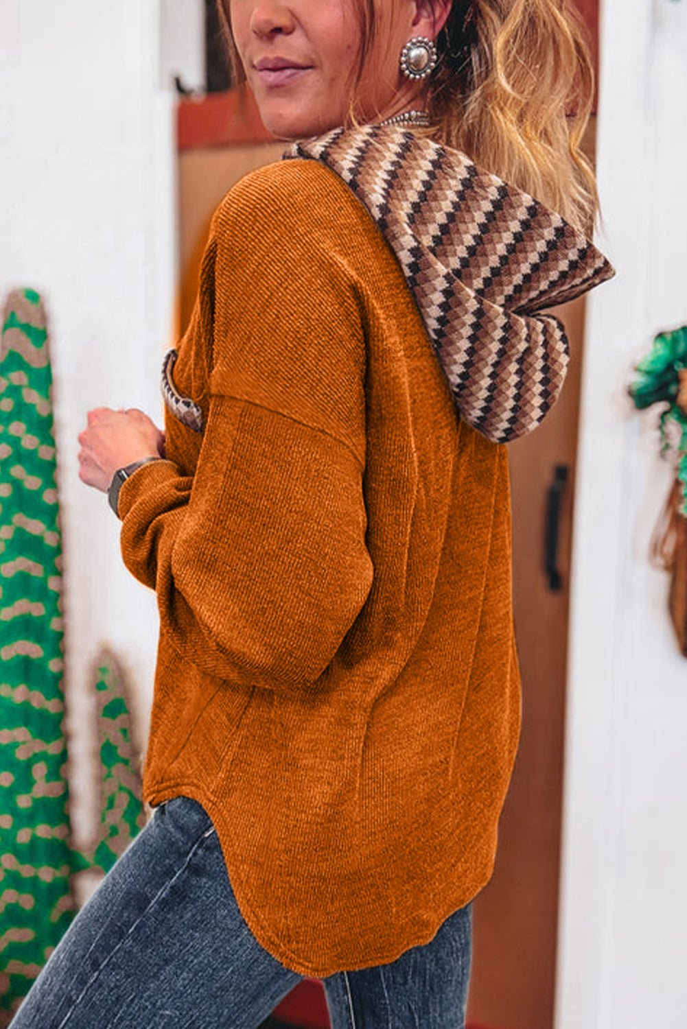 Straw Yellow Contrast Plaid Hooded Patchwork Pocket Henley Top - MAD RUFFI