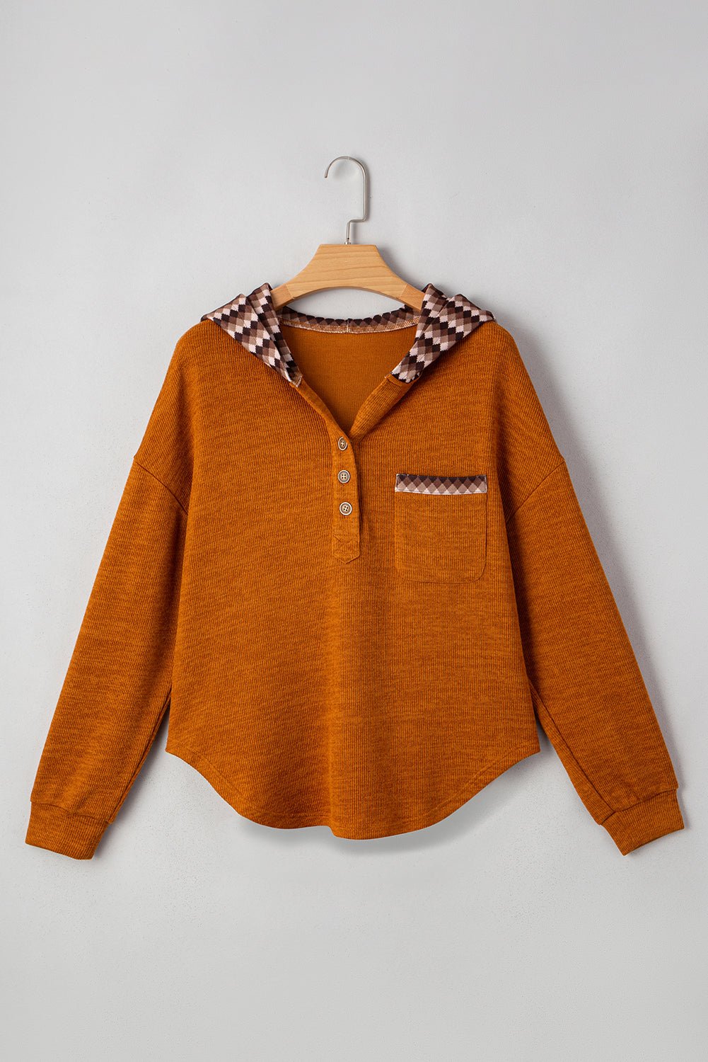 Straw Yellow Contrast Plaid Hooded Patchwork Pocket Henley Top - MAD RUFFI