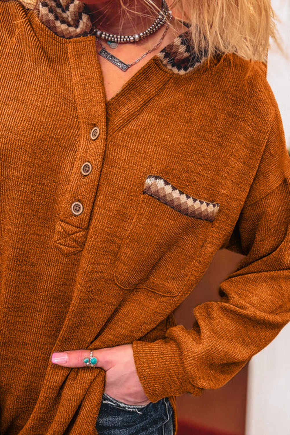 Straw Yellow Contrast Plaid Hooded Patchwork Pocket Henley Top - MAD RUFFI