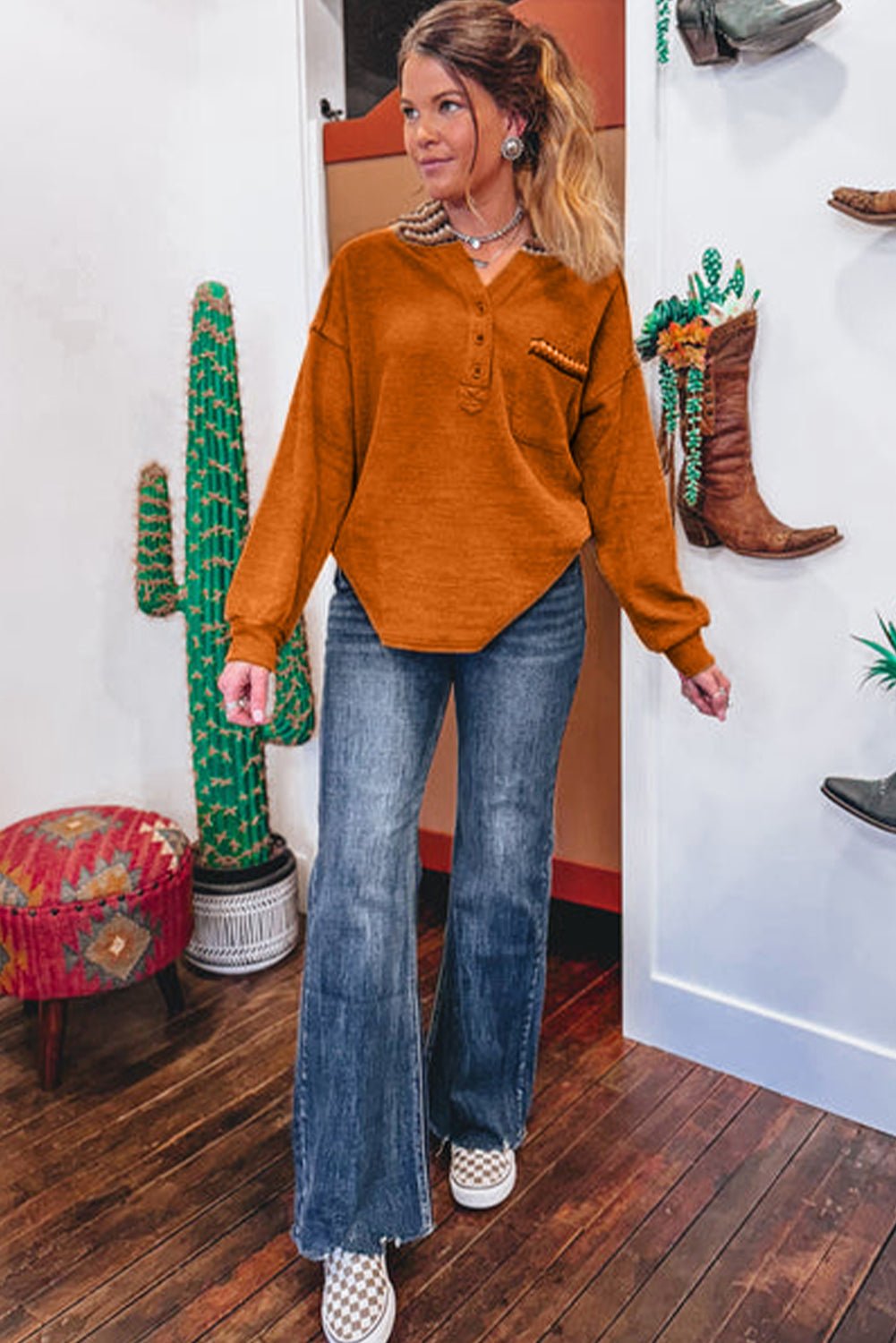 Straw Yellow Contrast Plaid Hooded Patchwork Pocket Henley Top - MAD RUFFI