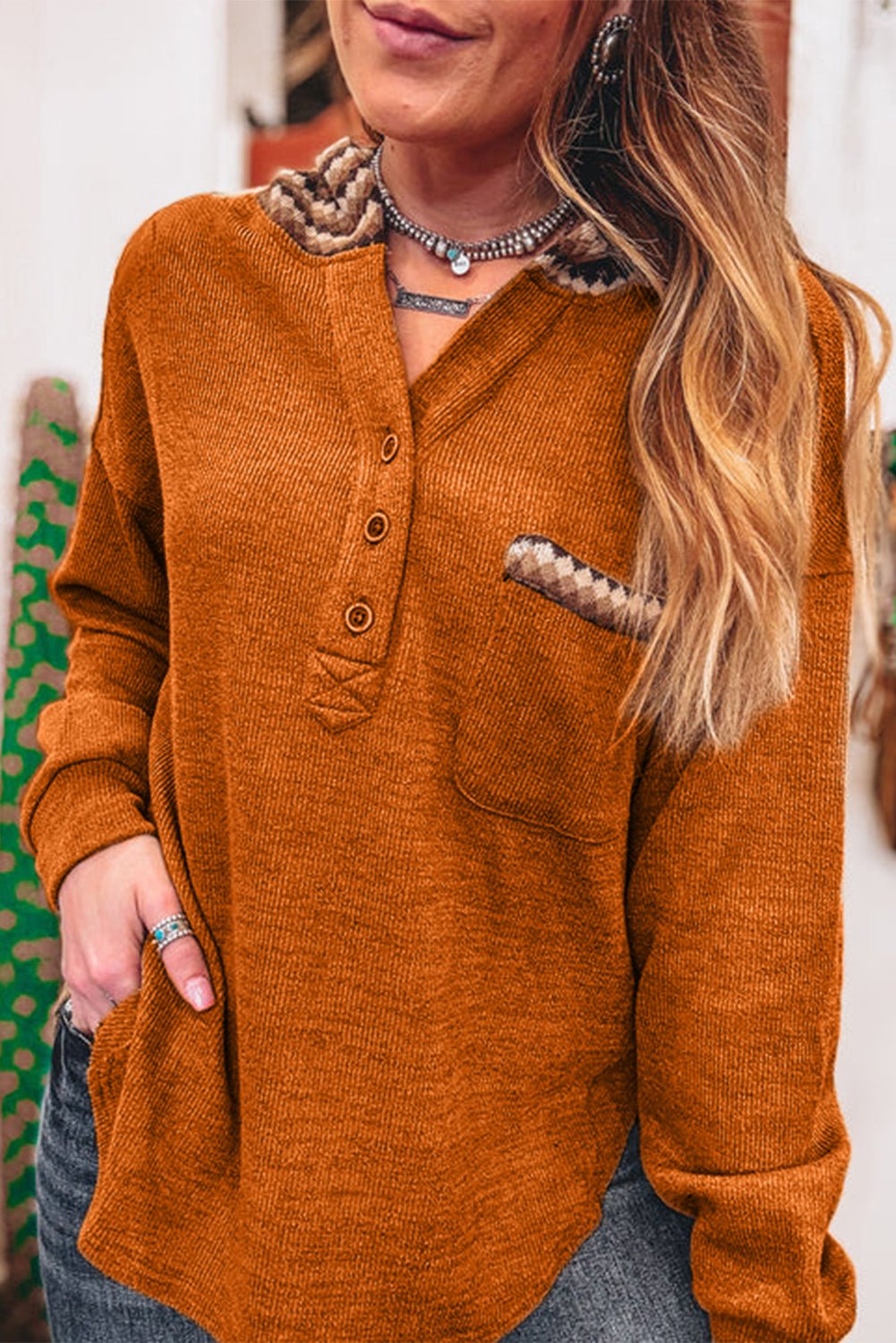 Straw Yellow Contrast Plaid Hooded Patchwork Pocket Henley Top - MAD RUFFI