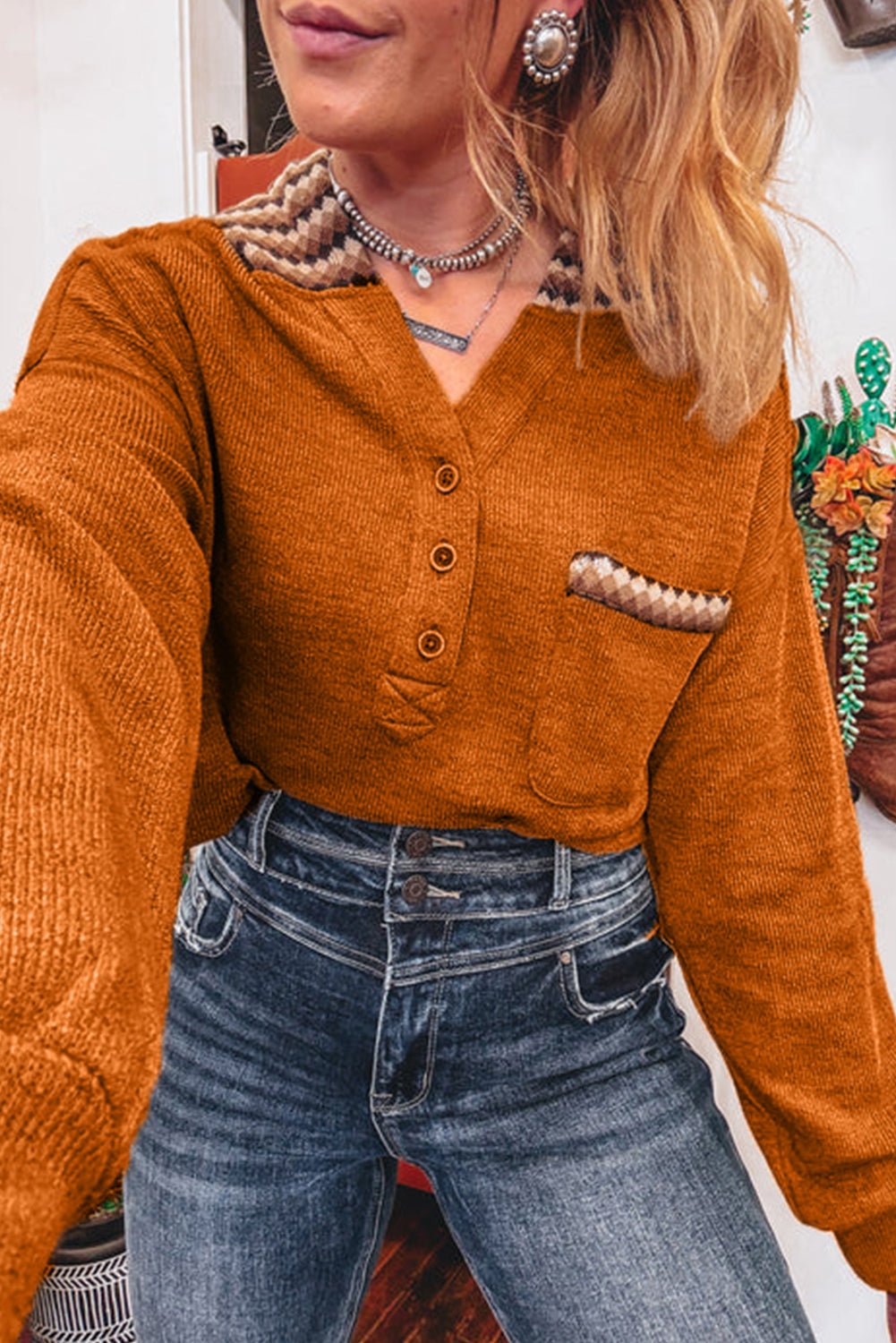 Straw Yellow Contrast Plaid Hooded Patchwork Pocket Henley Top - MAD RUFFI