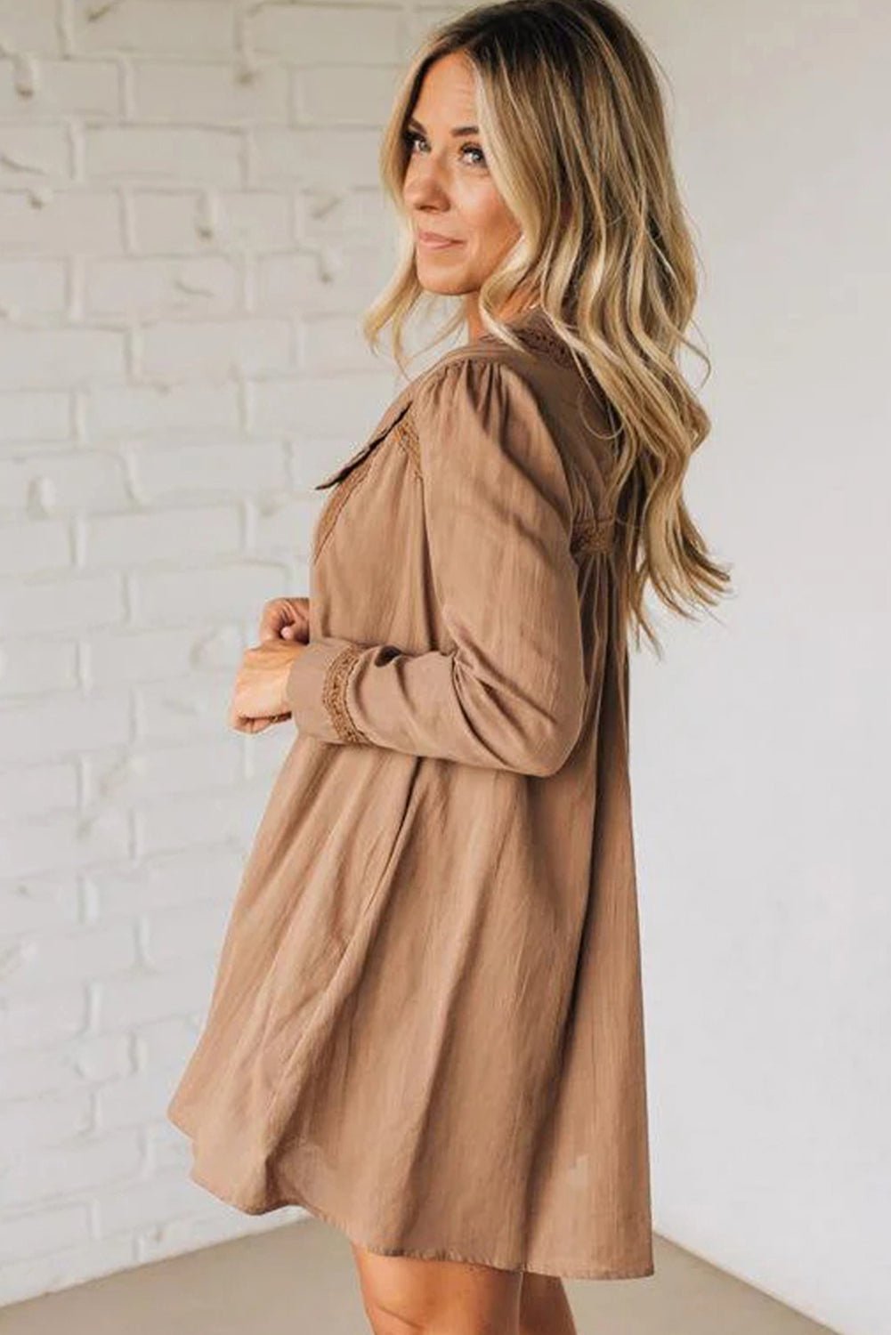 Straw Yellow Lace Trim Peter Pan Collar Long Sleeve Mini Shirt Dress - MAD RUFFI