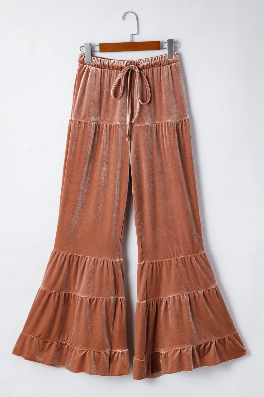 Straw Yellow Mineral Wash Lace - up High Waist Tiered Flared Pants - MAD RUFFI