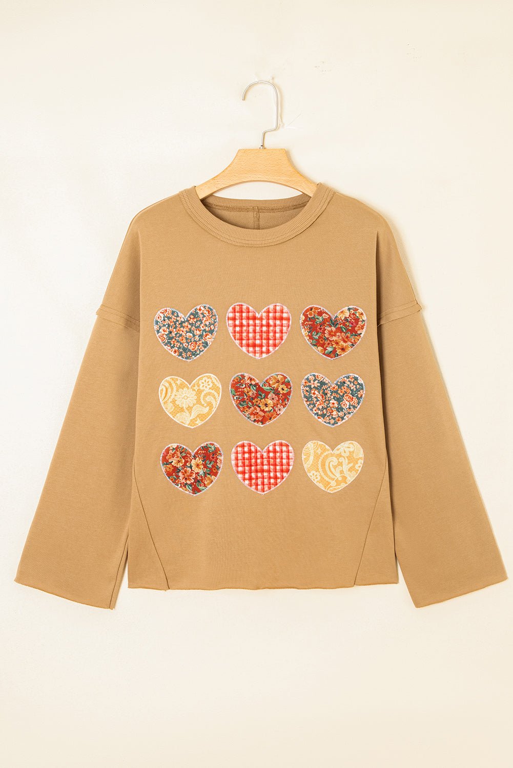 Straw Yellow Plaid Floral Heart Stitched Exposed Seam Mineral Wash Sweatshirt - MAD RUFFI