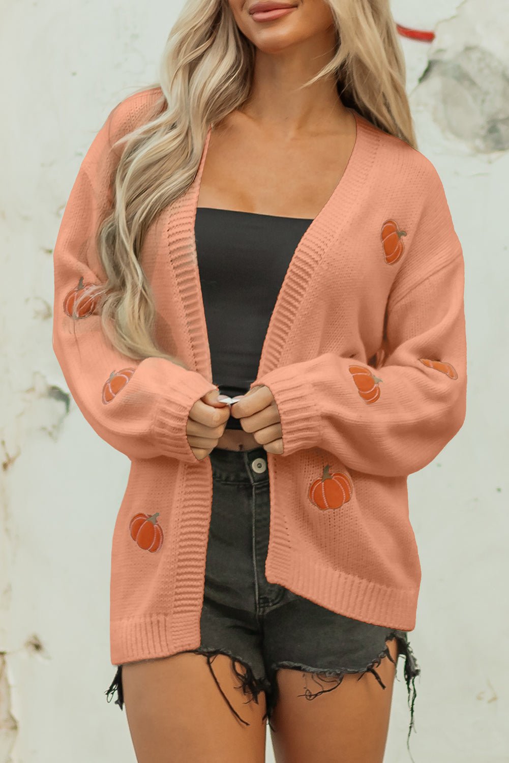 Straw Yellow Pumpkin Print Open Front Drop Shoulder Midi Cardigan - MAD RUFFI