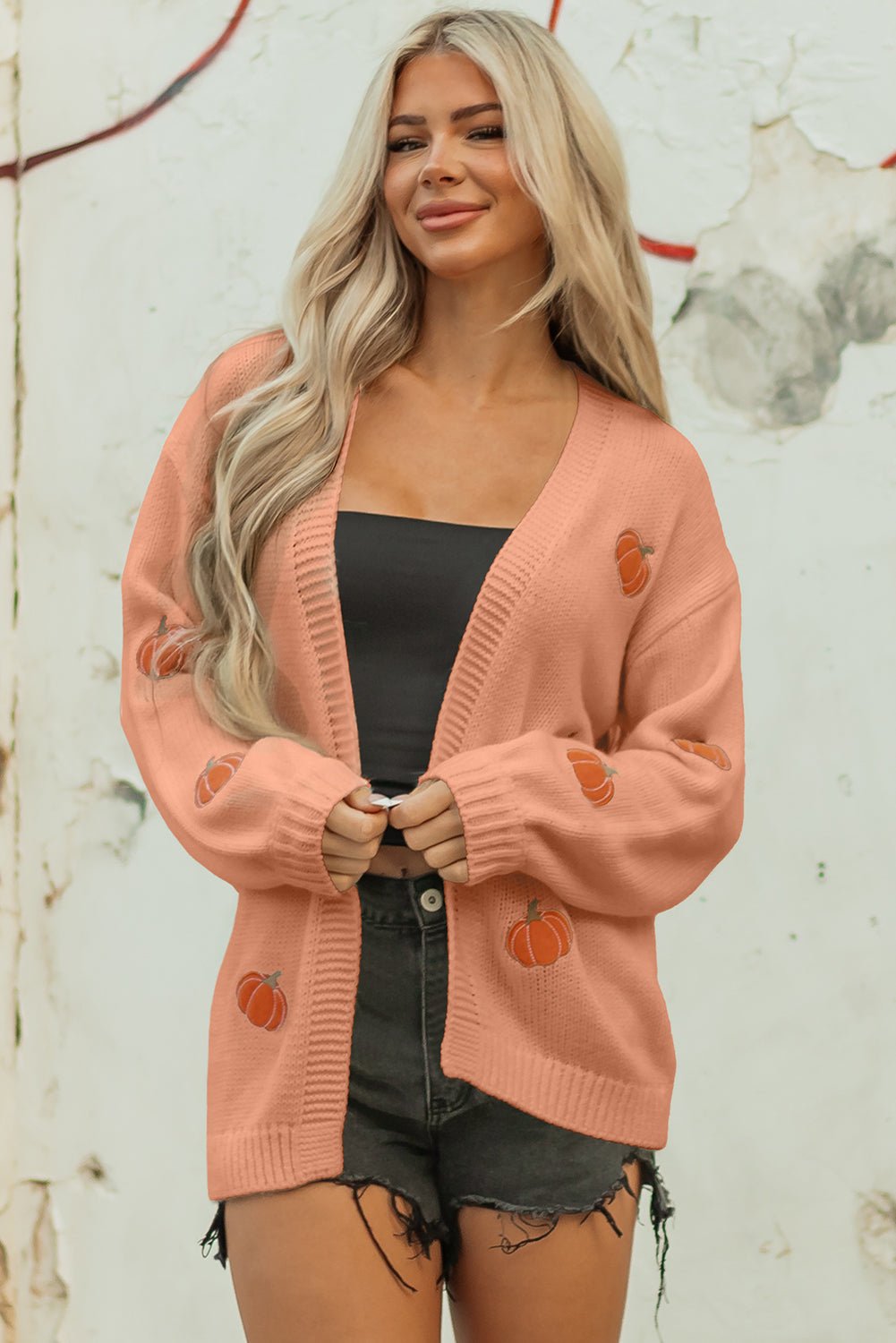 Straw Yellow Pumpkin Print Open Front Drop Shoulder Midi Cardigan - MAD RUFFI