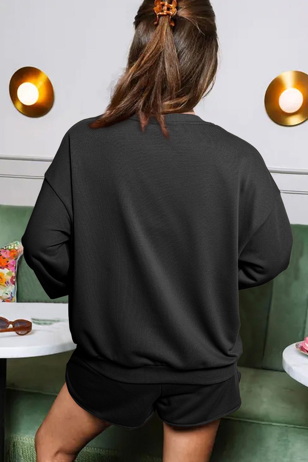 Straw Yellow Sequins COFFEE Loose Fit Sweatshirt and Shorts Set - MAD RUFFI