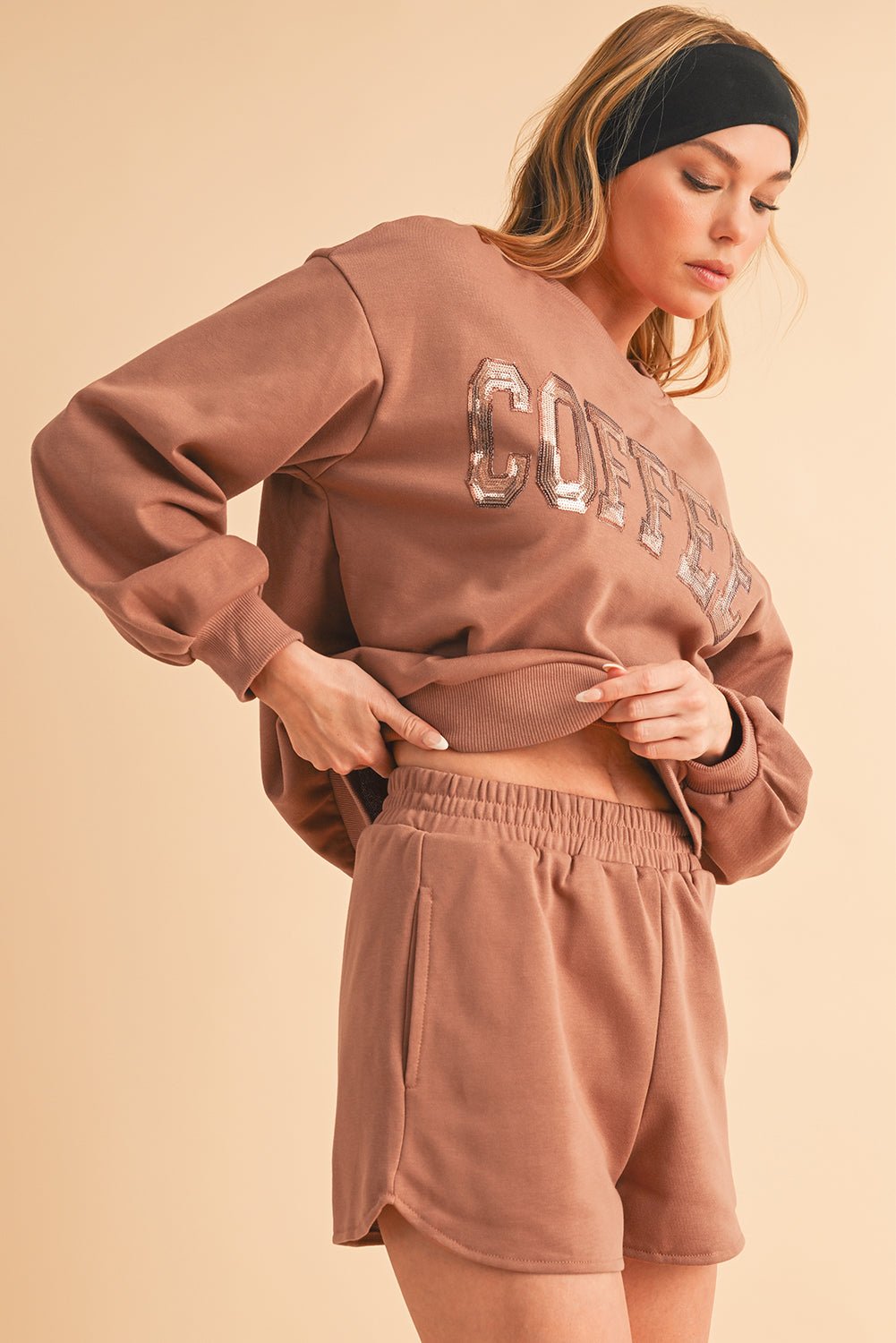 Straw Yellow Sequins COFFEE Loose Fit Sweatshirt and Shorts Set - MAD RUFFI