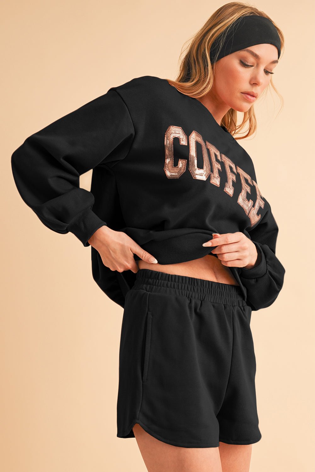 Straw Yellow Sequins COFFEE Loose Fit Sweatshirt and Shorts Set - MAD RUFFI