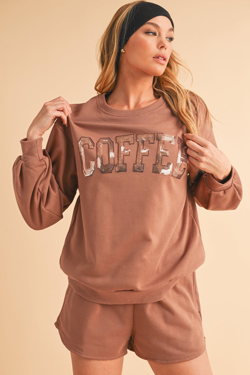 Straw Yellow Sequins COFFEE Loose Fit Sweatshirt and Shorts Set - MAD RUFFI