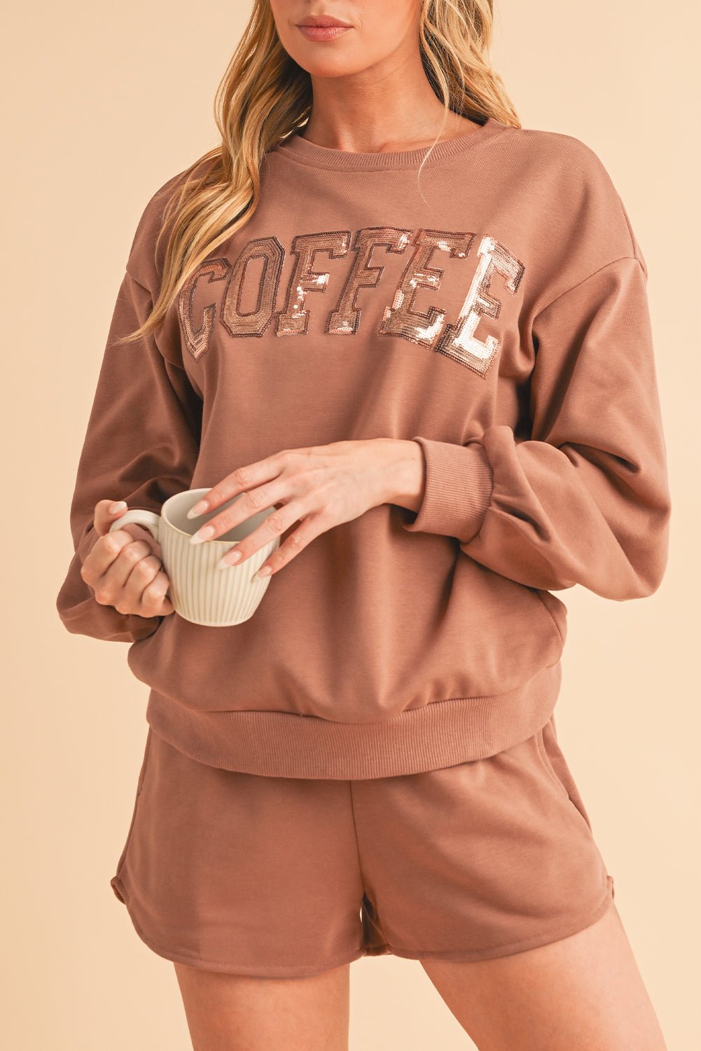 Straw Yellow Sequins COFFEE Loose Fit Sweatshirt and Shorts Set - MAD RUFFI