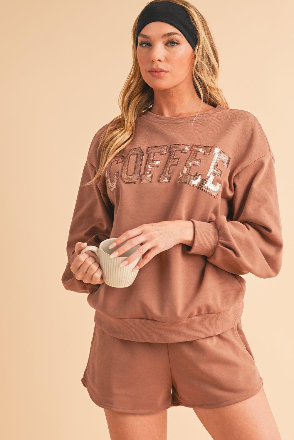 Straw Yellow Sequins COFFEE Loose Fit Sweatshirt and Shorts Set - MAD RUFFI