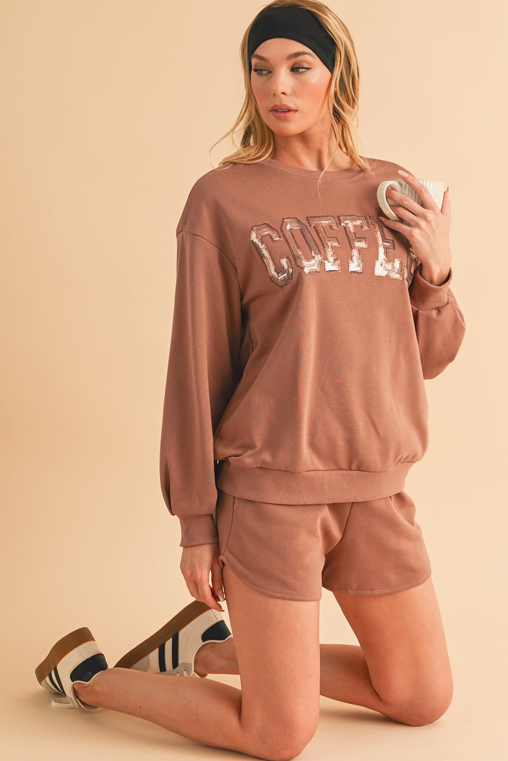 Straw Yellow Sequins COFFEE Loose Fit Sweatshirt and Shorts Set - MAD RUFFI