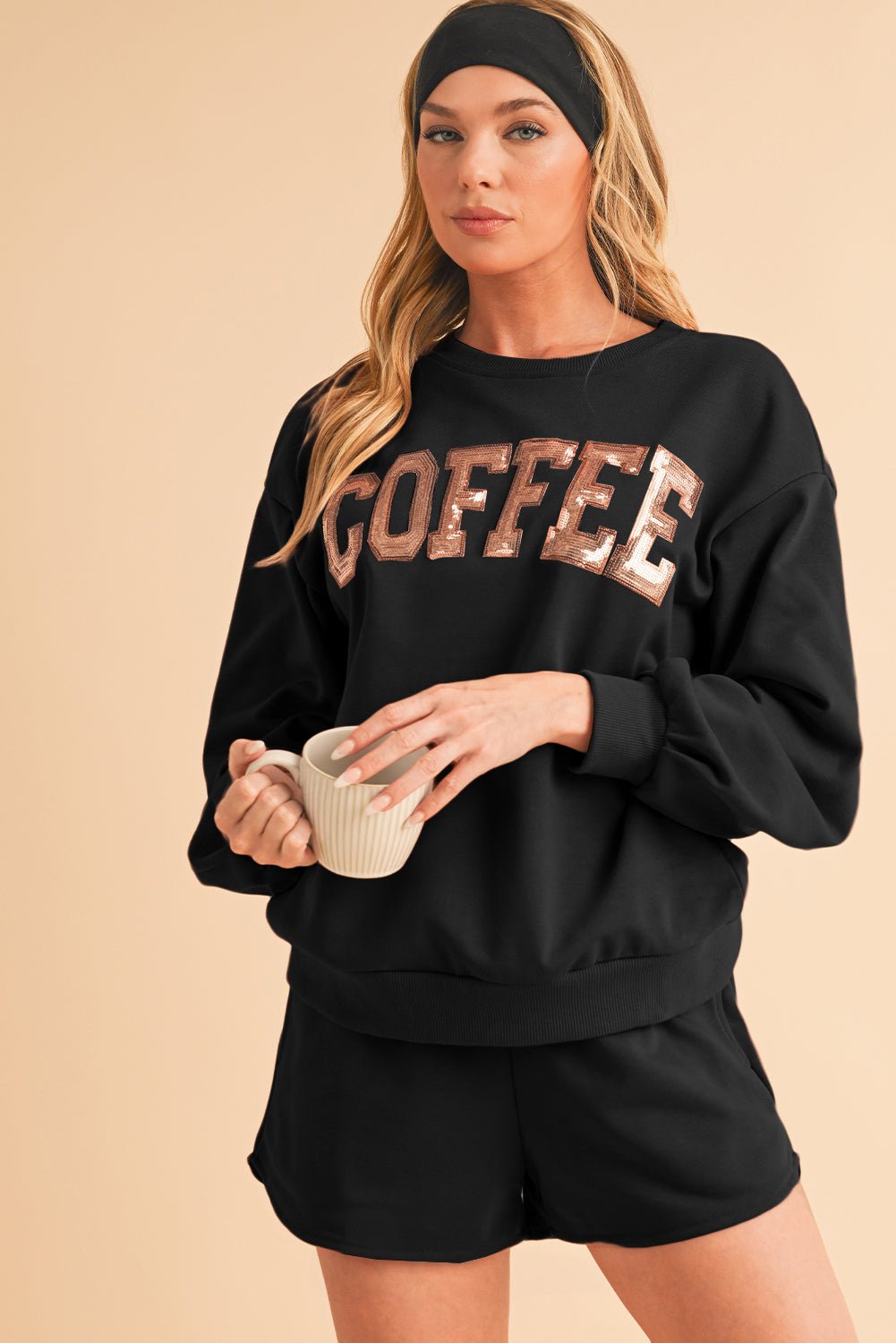 Straw Yellow Sequins COFFEE Loose Fit Sweatshirt and Shorts Set - MAD RUFFI