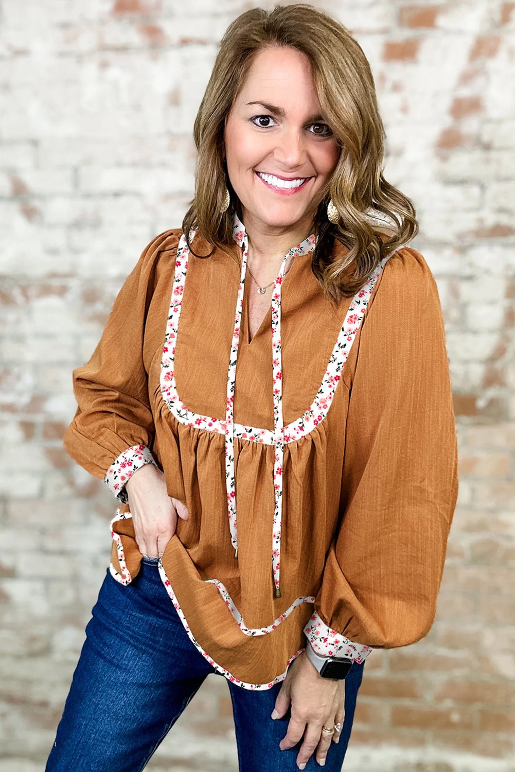 Straw Yellow Split Neck Pleated Floral Trim Puff Sleeve Blouse - MAD RUFFI