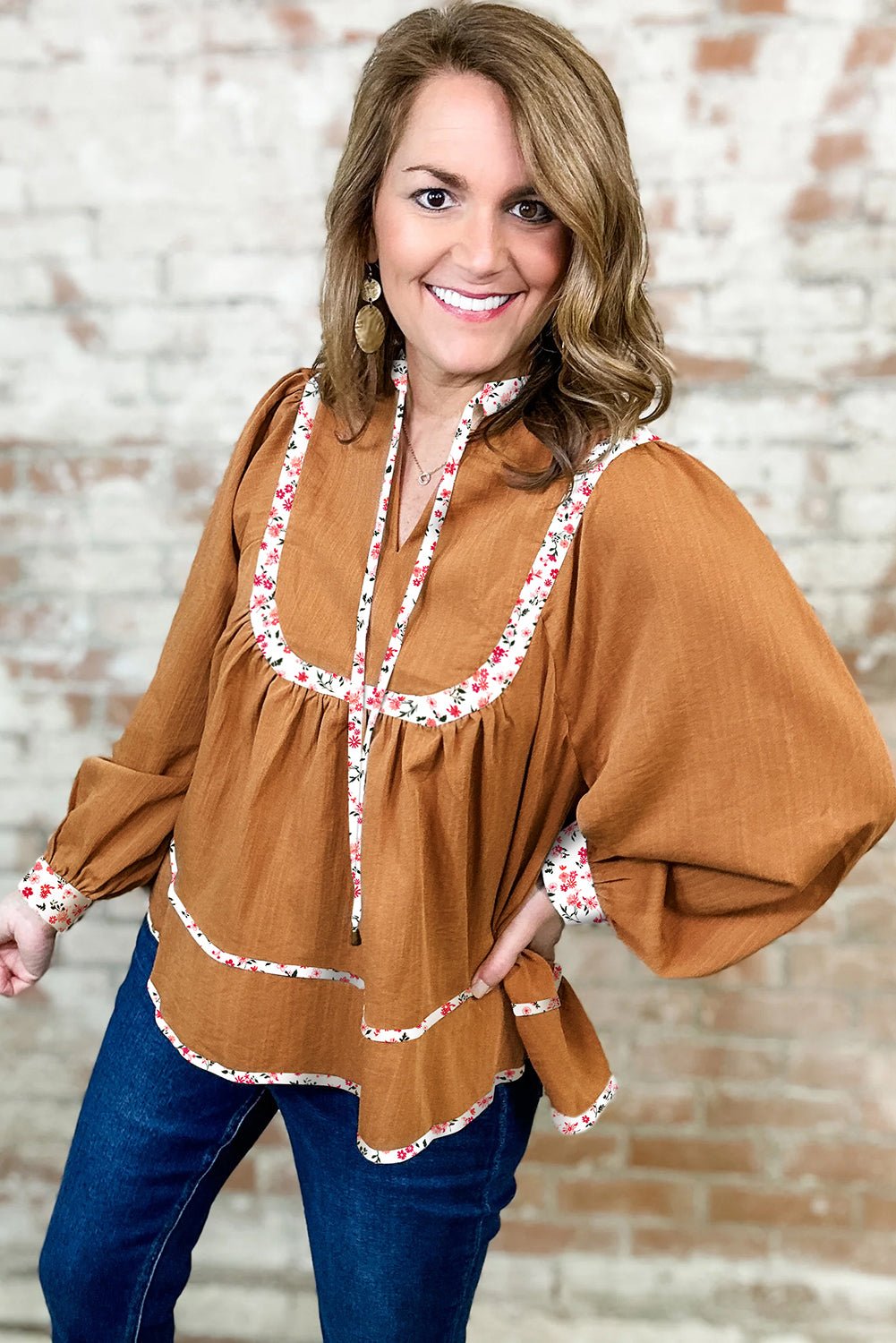 Straw Yellow Split Neck Pleated Floral Trim Puff Sleeve Blouse - MAD RUFFI