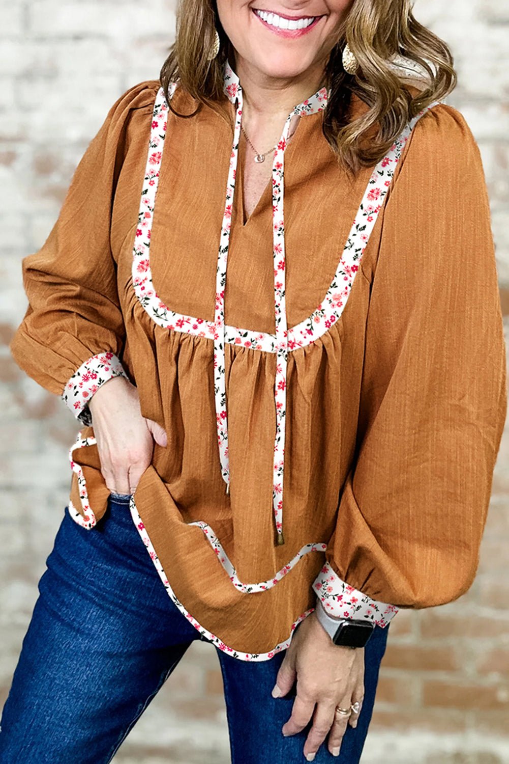 Straw Yellow Split Neck Pleated Floral Trim Puff Sleeve Blouse - MAD RUFFI