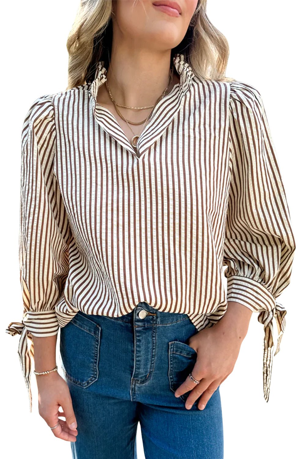 Straw Yellow Striped Frill V Neck Knot Bracelet Sleeve Blouse - MAD RUFFI