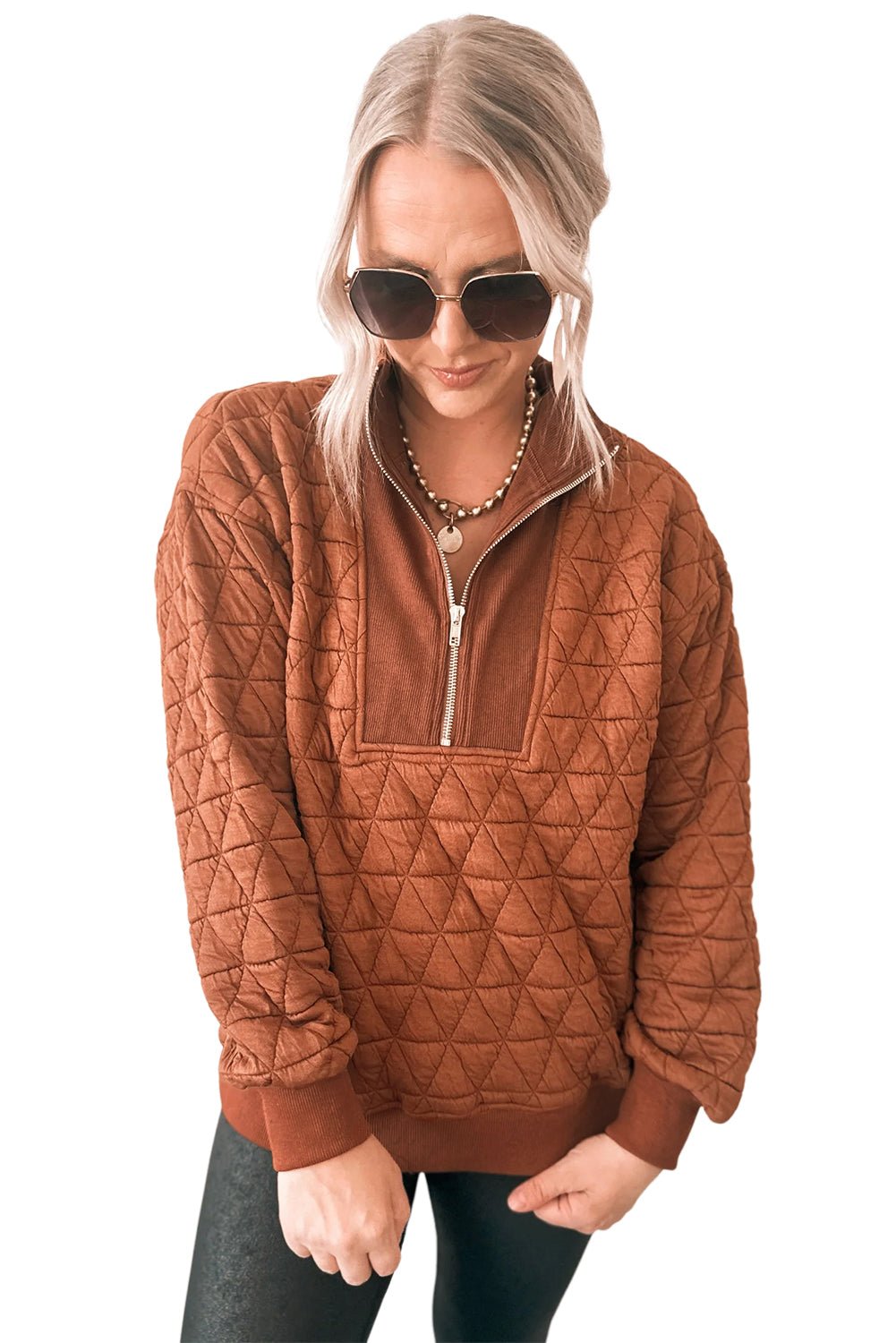 Straw Yellow Textured Zipper Neck Long Sleeve Pullover Sweatshirt - MAD RUFFI