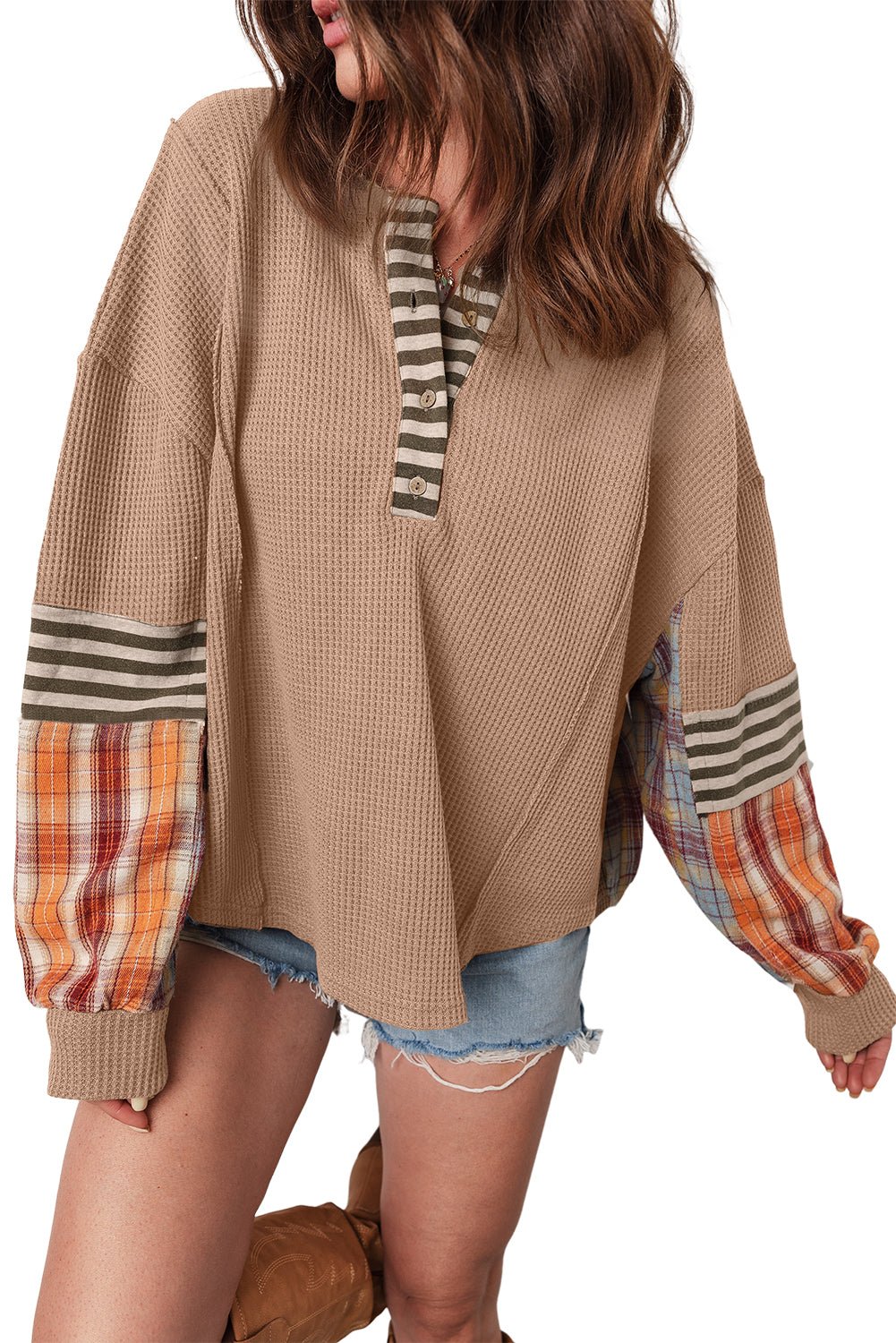Straw Yellow Waffle Stripe Plaid Patchwork Henley Top - MAD RUFFI