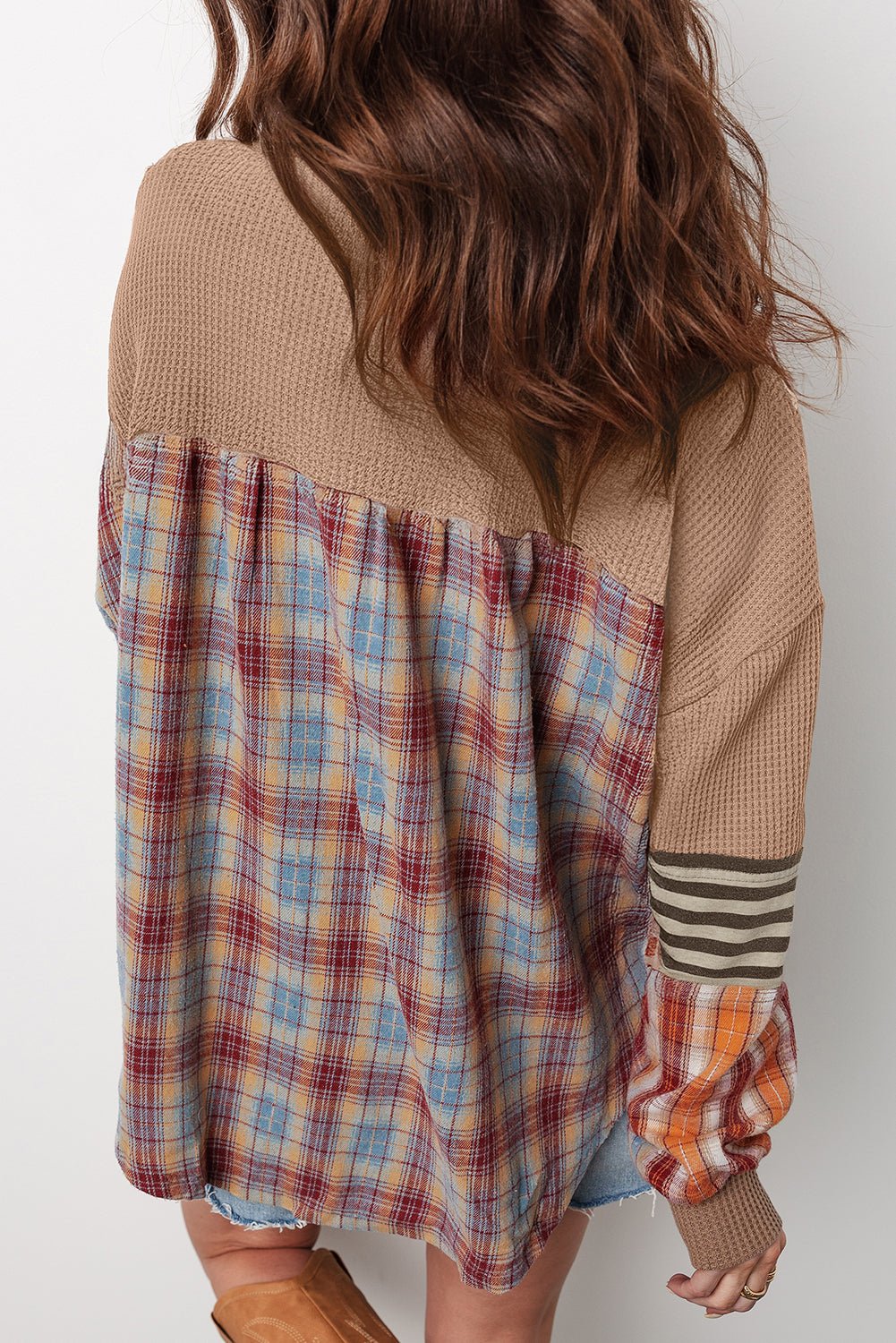 Straw Yellow Waffle Stripe Plaid Patchwork Henley Top - MAD RUFFI