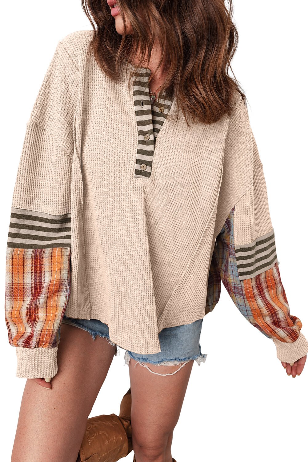 Straw Yellow Waffle Stripe Plaid Patchwork Henley Top - MAD RUFFI