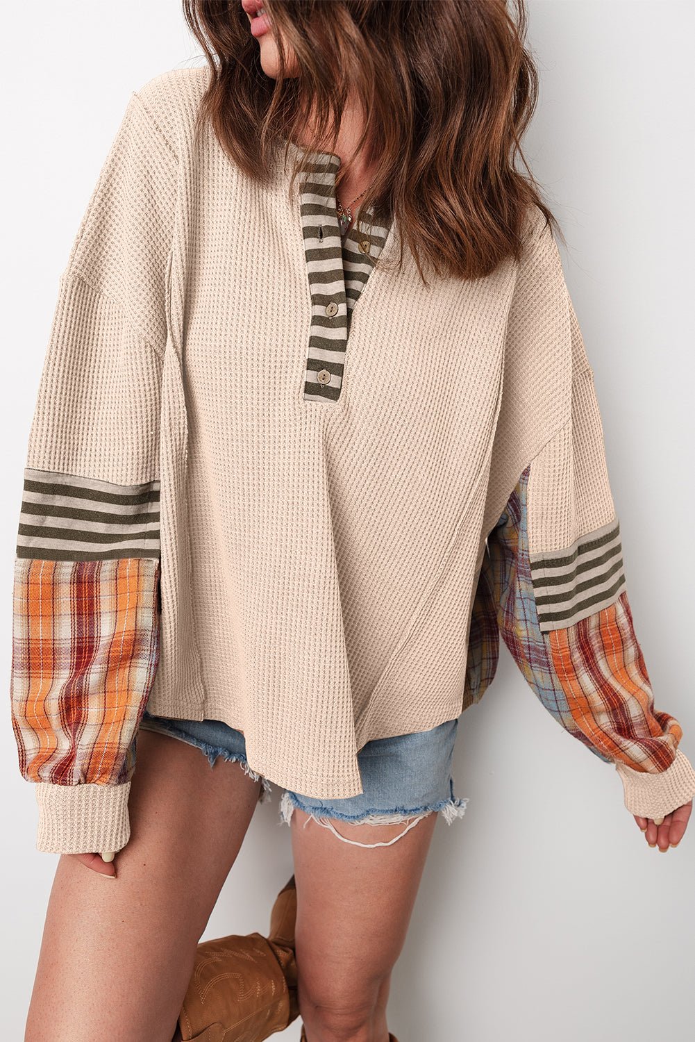 Straw Yellow Waffle Stripe Plaid Patchwork Henley Top - MAD RUFFI