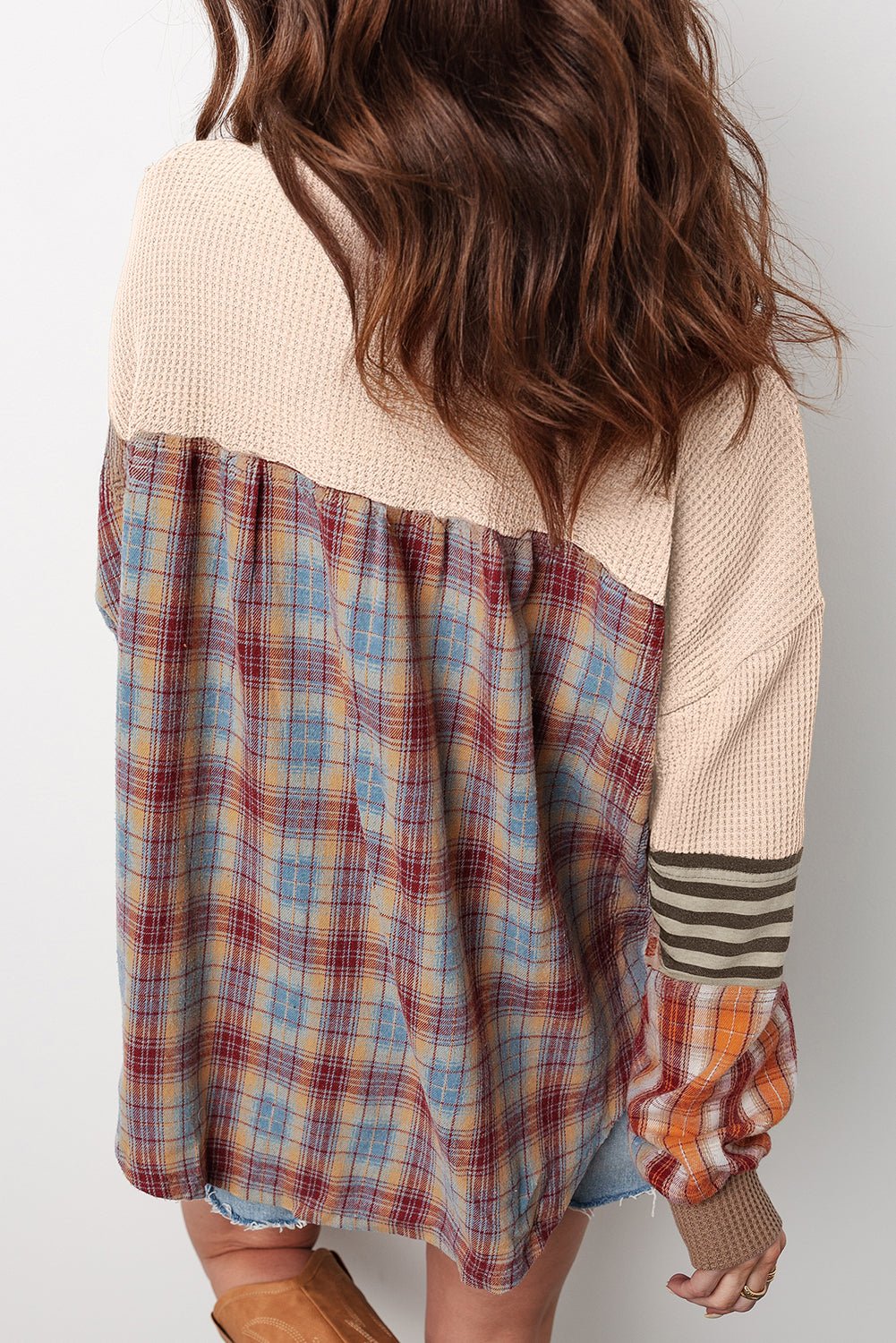Straw Yellow Waffle Stripe Plaid Patchwork Henley Top - MAD RUFFI