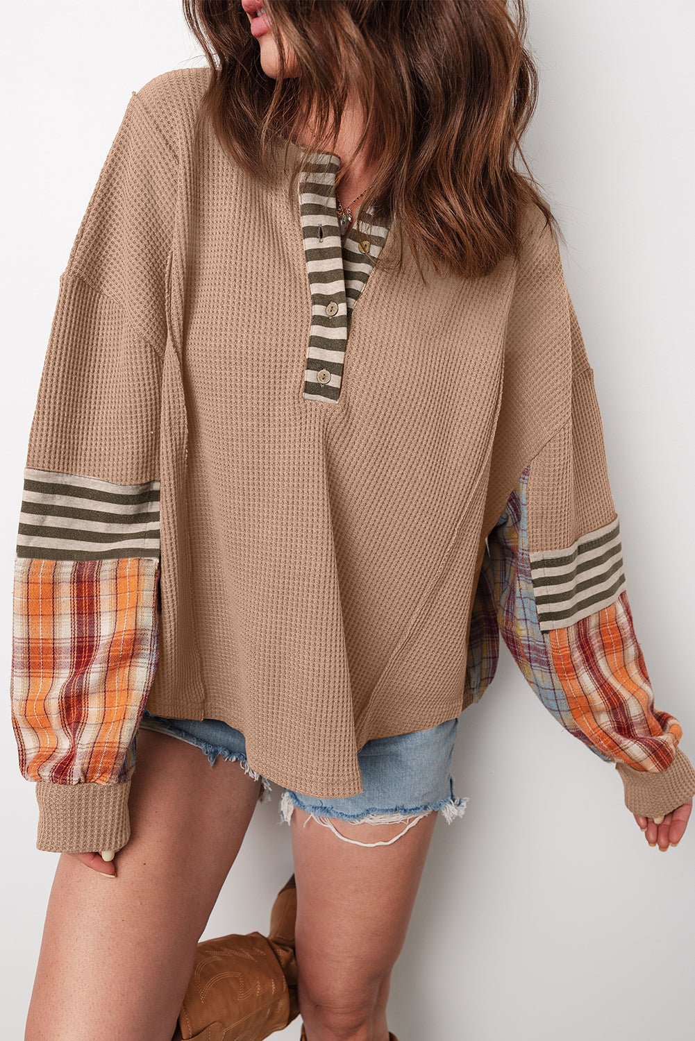 Straw Yellow Waffle Stripe Plaid Patchwork Henley Top - MAD RUFFI