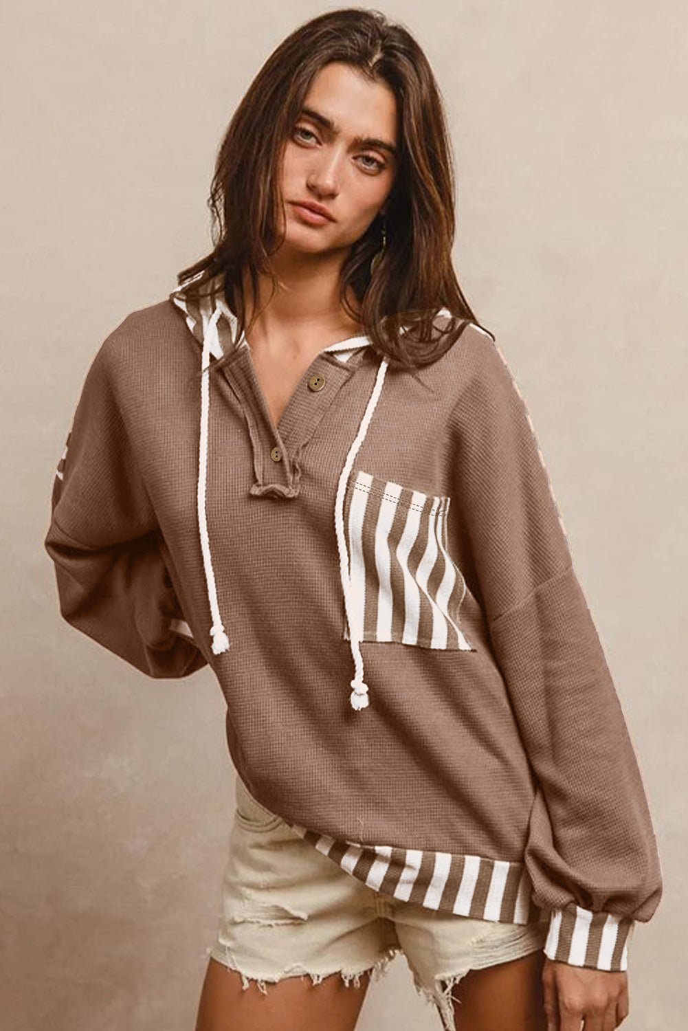 Straw Yellow Waffle Texture Striped Patchwork Drawstring Henley Hooded Top - MAD RUFFI