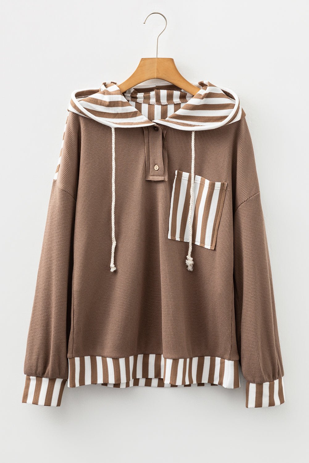 Straw Yellow Waffle Texture Striped Patchwork Drawstring Henley Hooded Top - MAD RUFFI