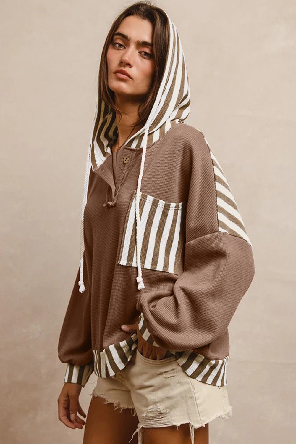 Straw Yellow Waffle Texture Striped Patchwork Drawstring Henley Hooded Top - MAD RUFFI