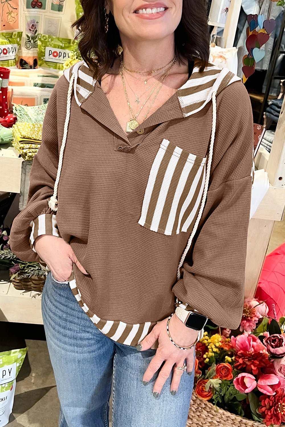 Straw Yellow Waffle Texture Striped Patchwork Drawstring Henley Hooded Top - MAD RUFFI