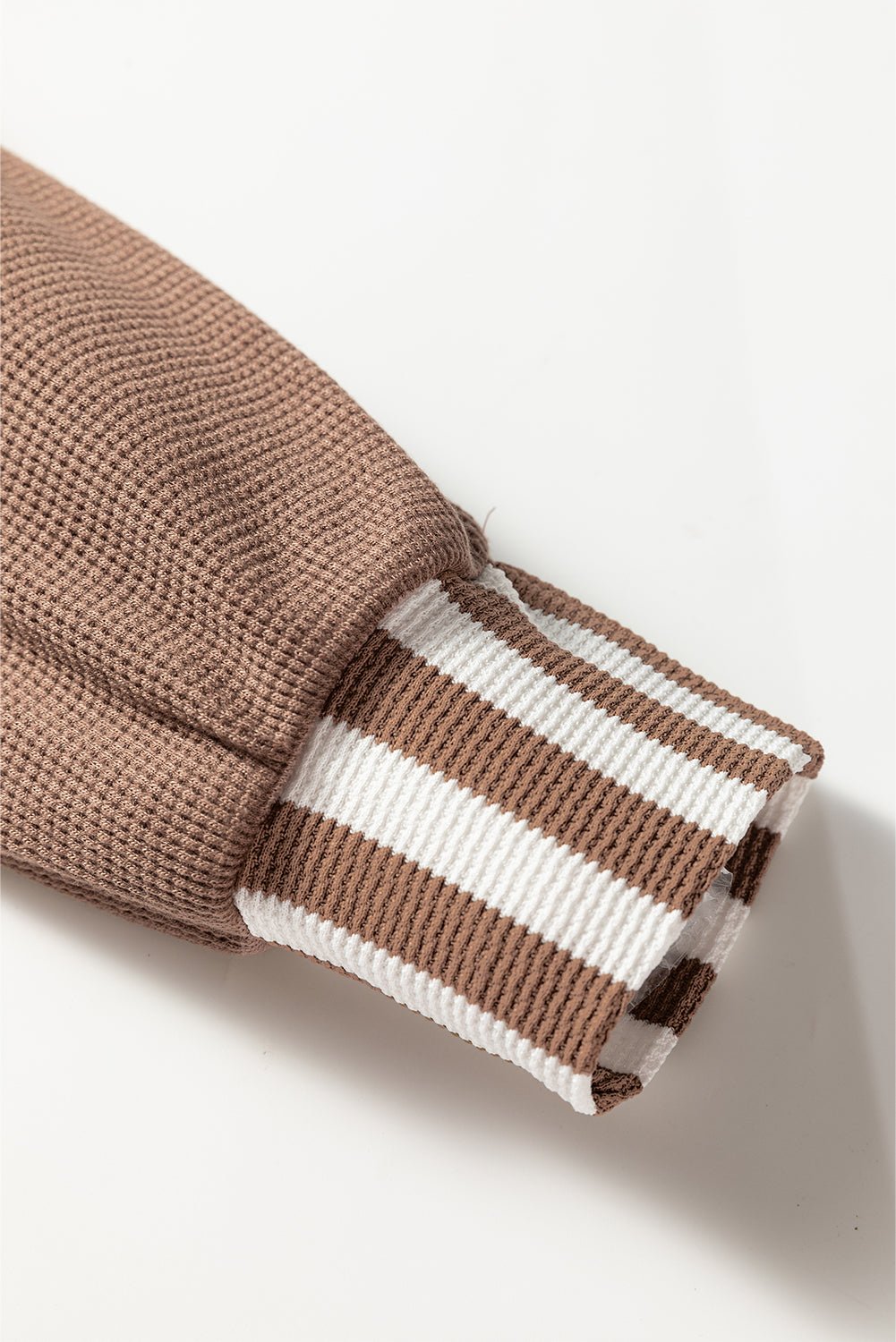 Straw Yellow Waffle Texture Striped Patchwork Drawstring Henley Hooded Top - MAD RUFFI