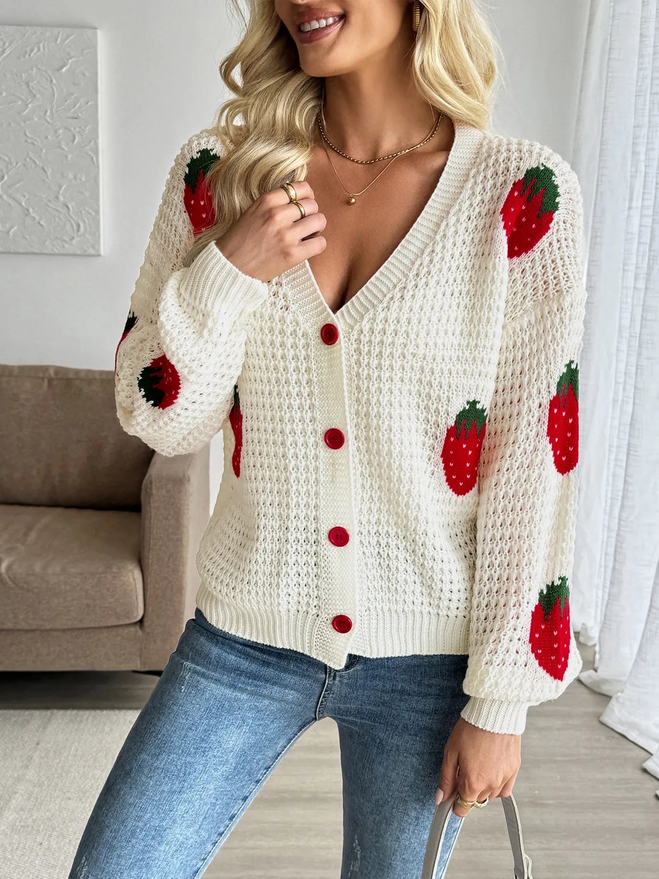 Strawberry Pattern V - Neck Button - Up Cardigan - MAD RUFFI
