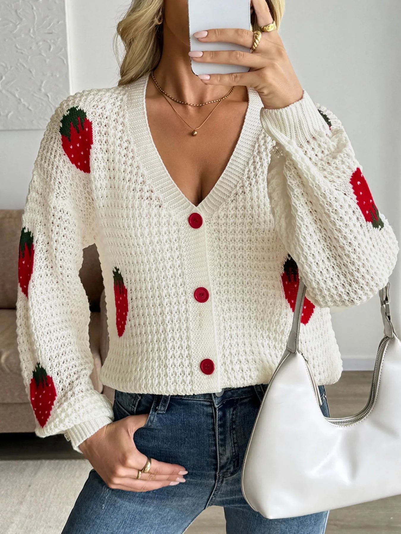 Strawberry Pattern V - Neck Button - Up Cardigan - MAD RUFFI