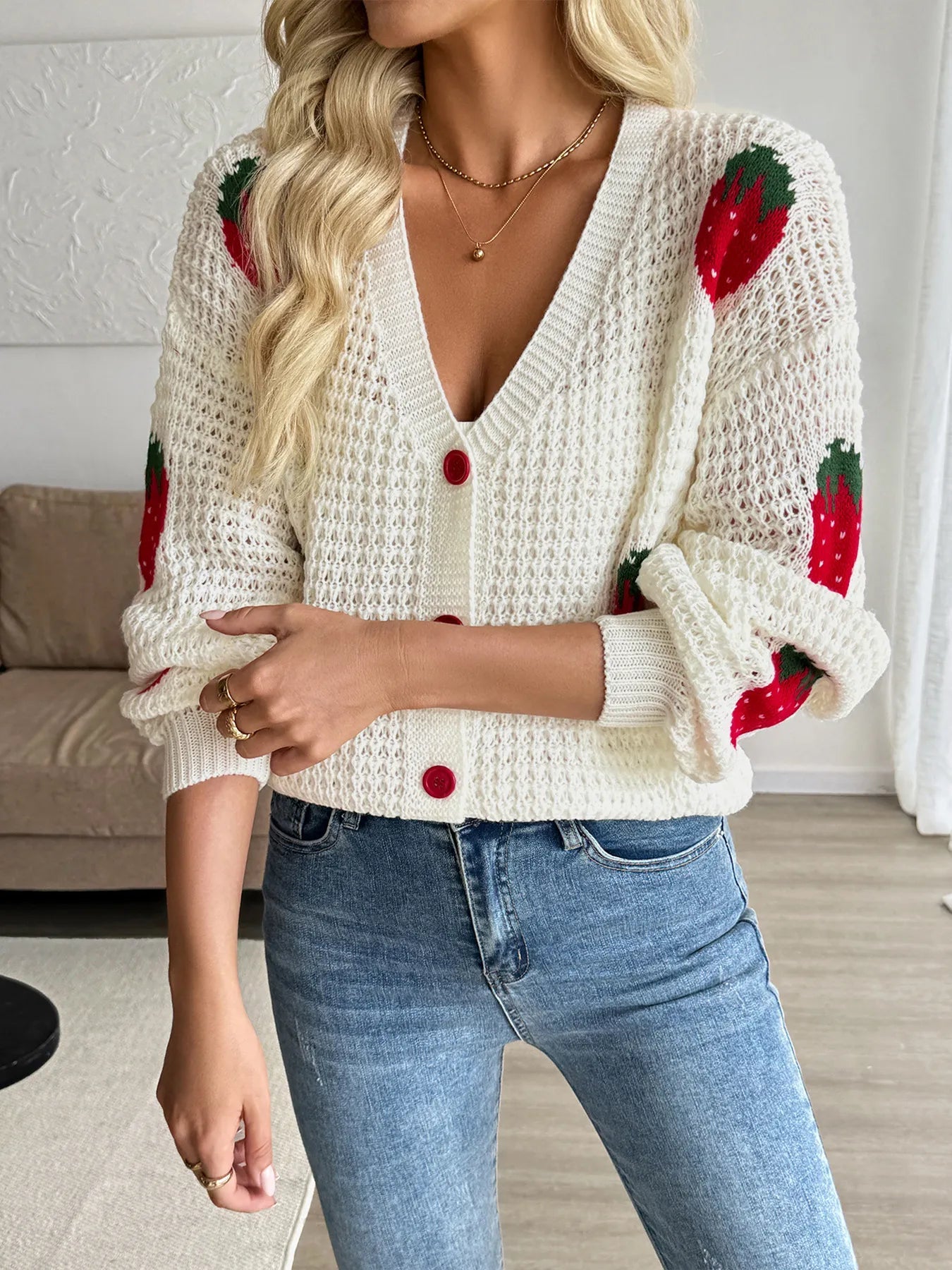Strawberry Pattern V - Neck Button - Up Cardigan - MAD RUFFI