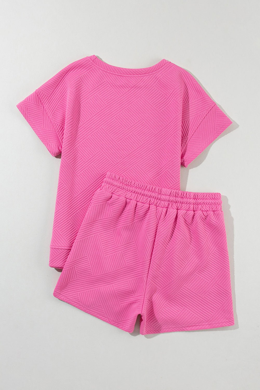 Strawberry Pink 2Pcs Solid Textured Drawstring Shorts Set - MAD RUFFI