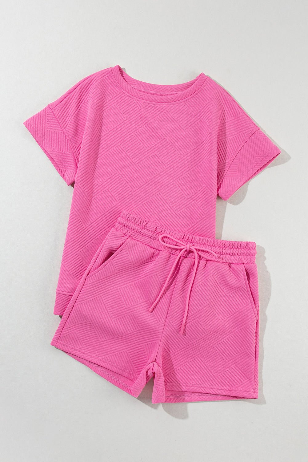 Strawberry Pink 2Pcs Solid Textured Drawstring Shorts Set - MAD RUFFI