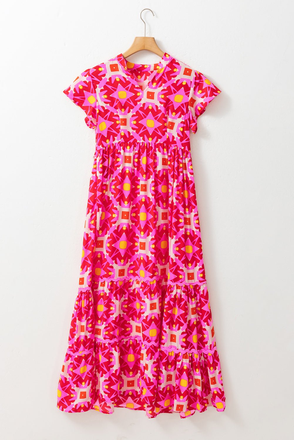 Strawberry Pink Abstract Print Pleated Flounce Sleeve Maxi Dress - MAD RUFFI