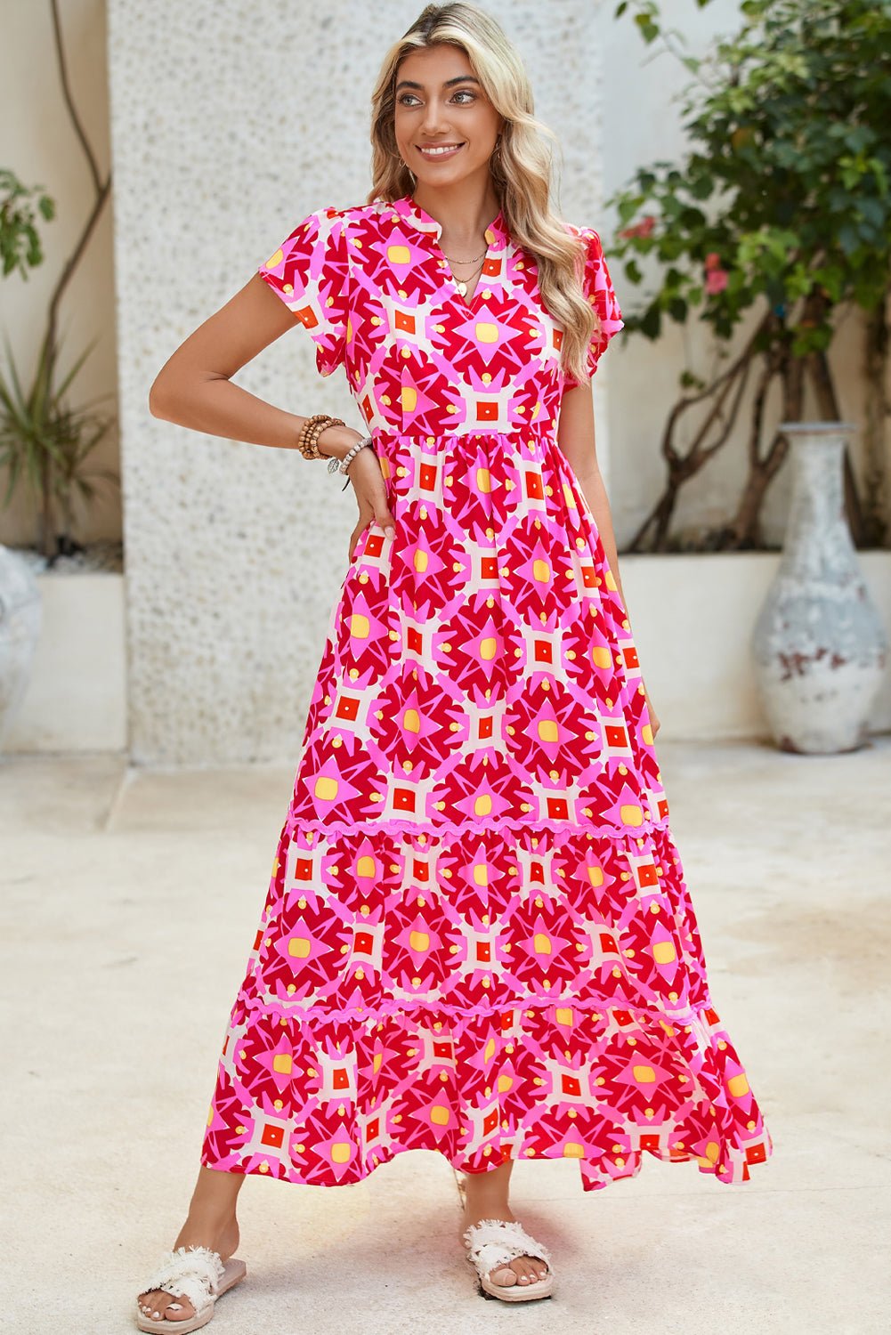 Strawberry Pink Abstract Print Pleated Flounce Sleeve Maxi Dress - MAD RUFFI