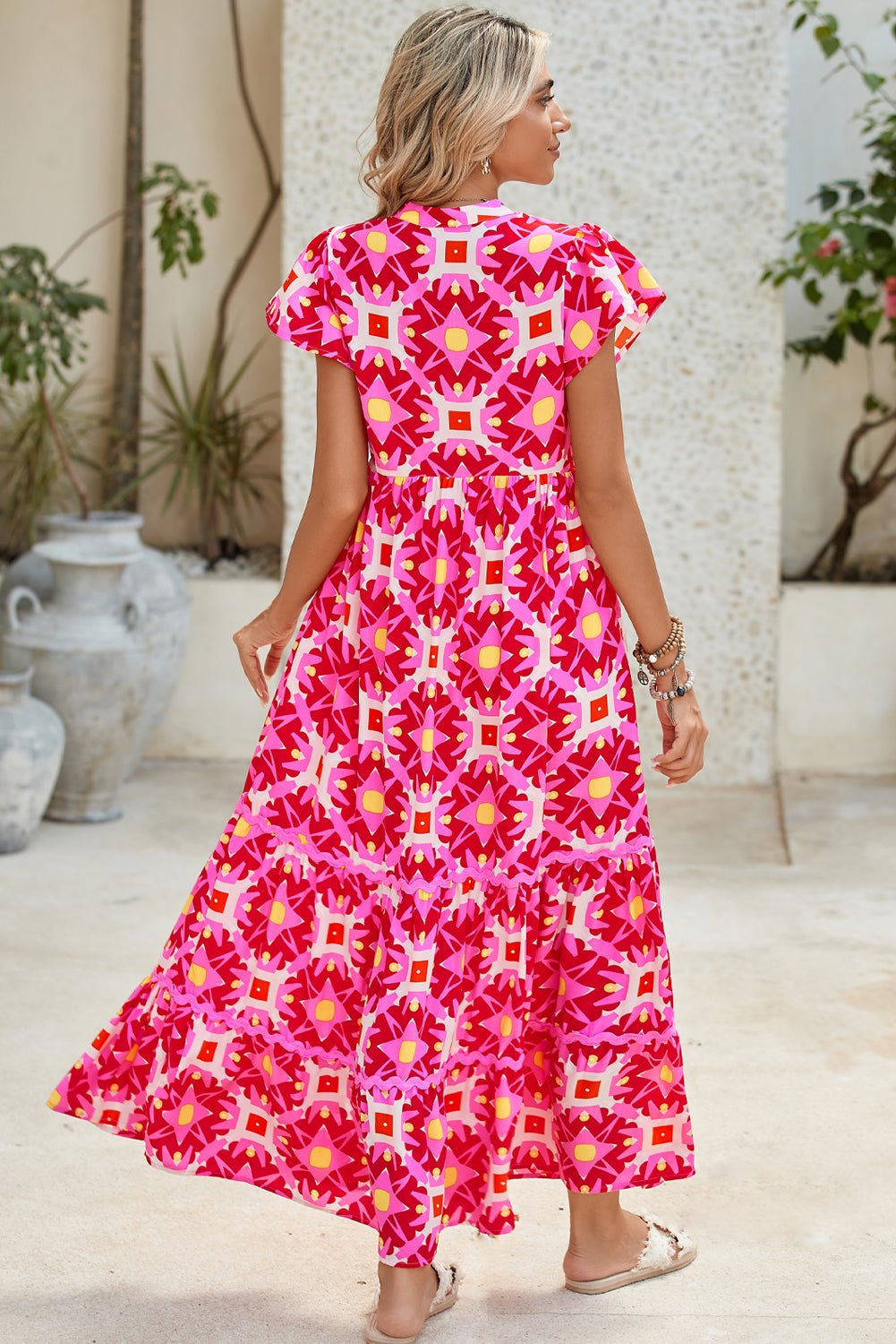 Strawberry Pink Abstract Print Pleated Flounce Sleeve Maxi Dress - MAD RUFFI