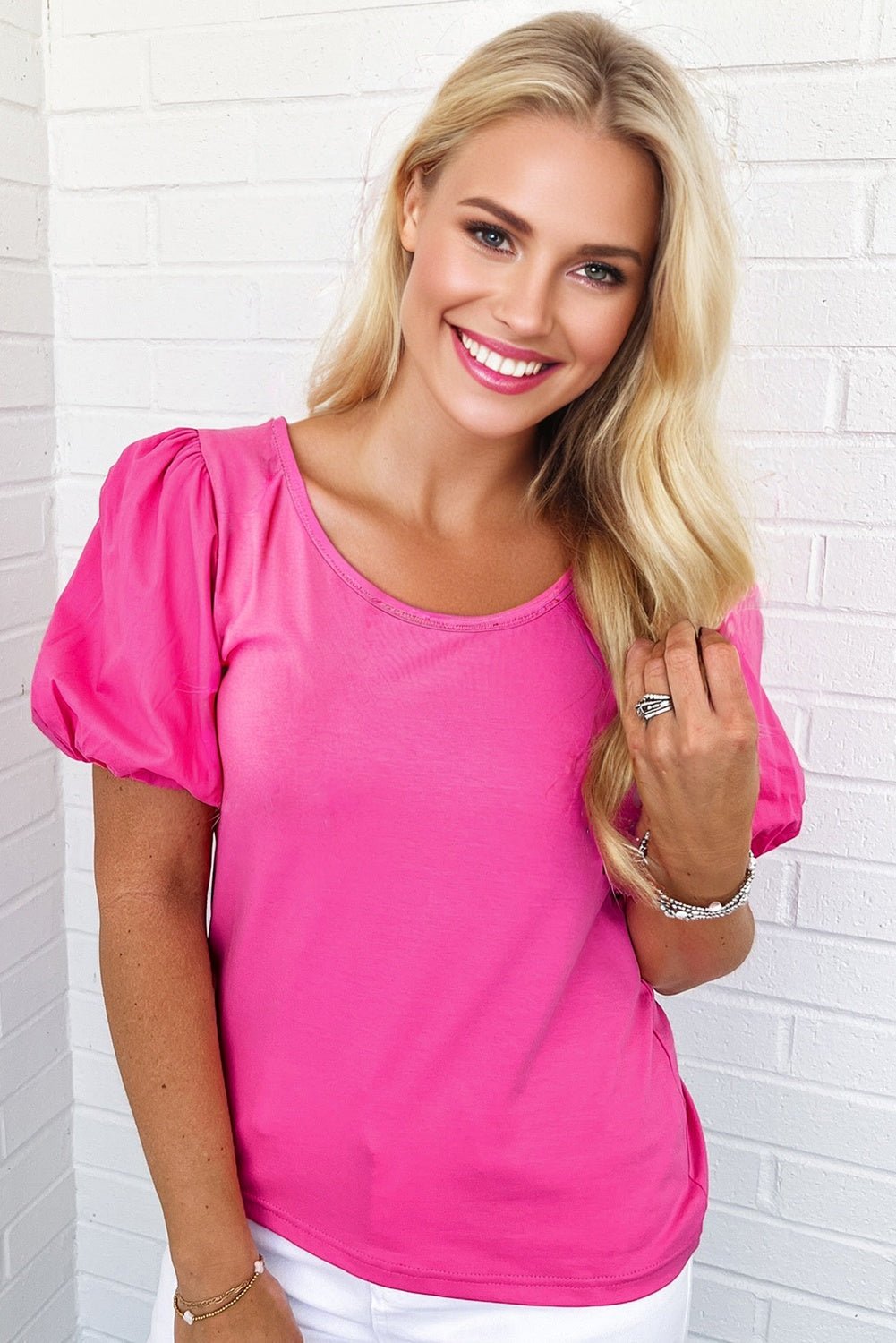 strawberry pink casual round neck bubble sleeve t-shirt - MAD RUFFI