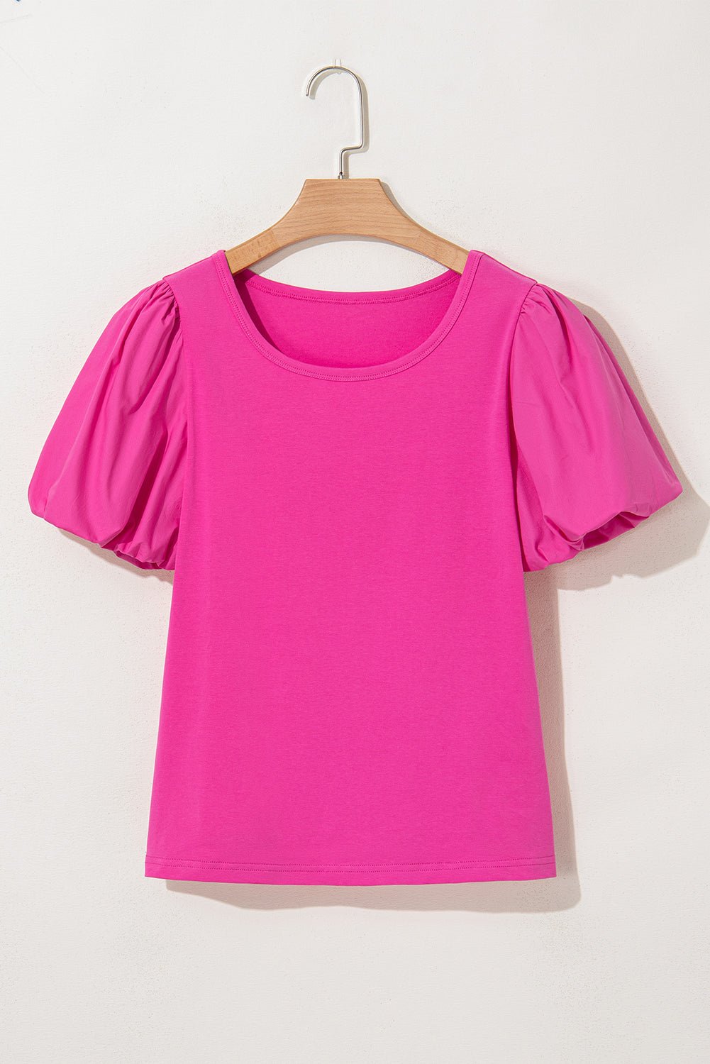 strawberry pink casual round neck bubble sleeve t-shirt - MAD RUFFI