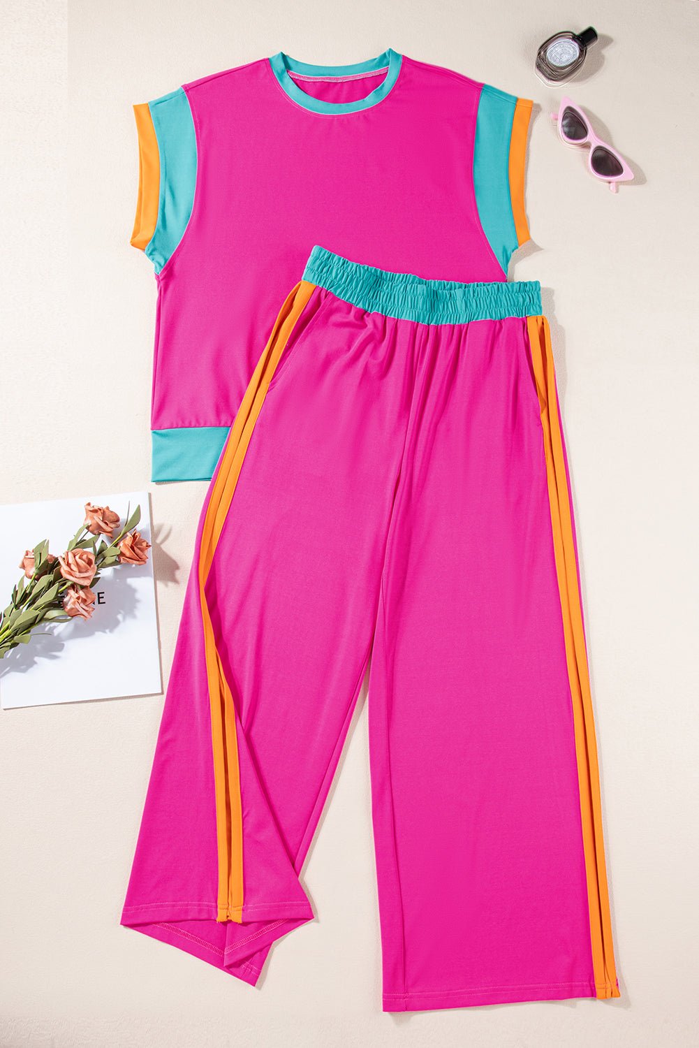 Strawberry Pink Colorblock Cap Sleeve Tee and Wide Leg Pants Set - MAD RUFFI