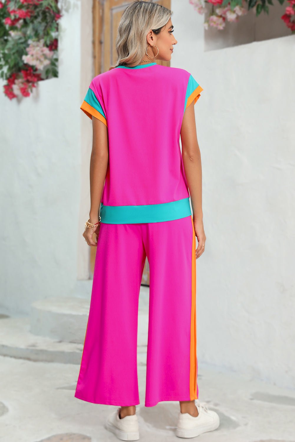 Strawberry Pink Colorblock Cap Sleeve Tee and Wide Leg Pants Set - MAD RUFFI