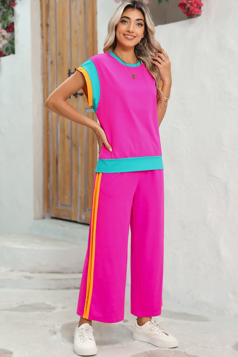 Strawberry Pink Colorblock Cap Sleeve Tee and Wide Leg Pants Set - MAD RUFFI